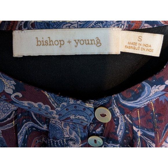 Bishop + Young Paisley Button Up Balloon Sleeve Sheer Bubble Hem Blouse Small - Picture 6 of 9